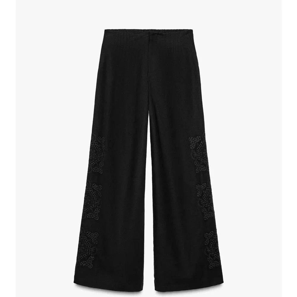 Zara NWT multi pleat linen blend embroidered pants black 0881/407 - Picture 7 of 10